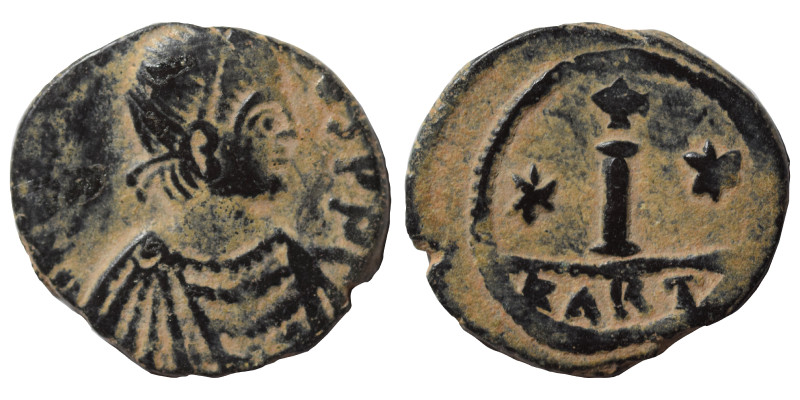 Justinian I, 527-565. Decanummium (bronze, 3.55 g, 20 mm), Carthage. […]VS PP [....