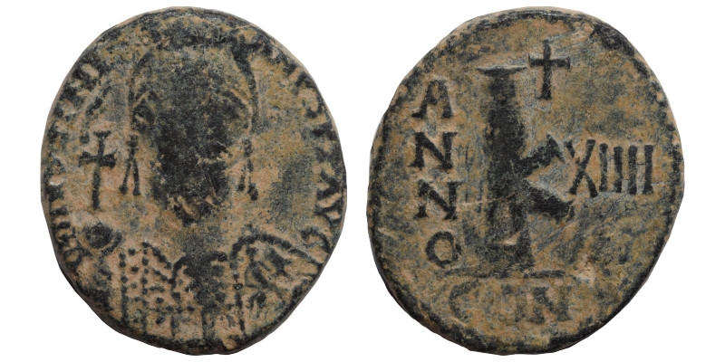 Justinian I, 527-565. Half Follis (bronze, 6.91 g, 22 mm), uncertain mint. Dated...