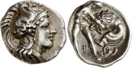 (380-325 a.C.). Italia. Taras. Dióbolo. (S. 351 var) (CNG. I, 830). 1,12 g. MBC+.