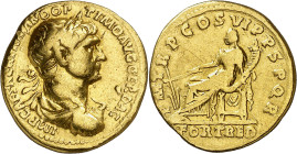 (116 d.C.). Trajano. Áureo. (Spink 3092) (Co. 153 var) (RIC. 319) (Calicó 1026). 7,06 g. MBC.