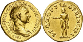(112-114 d.C.). Trajano. Áureo. (Spink falta) (Co. 397 var) (RIC. 275 var) (Calicó 1092). Sirvió como joya. 7,06 g. (MBC/MBC+).