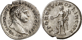 (107 d.C.). Trajano. Denario. (Spink 3160) (S. 394a) (RIC. 184). Bella. 3,21 g. EBC.