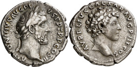 (141 d.C.). Antonino pío y Marco Aurelio. Denario. (Spink 4524) (S. 15) (RIC. 417a). 3,21 g. MBC+.