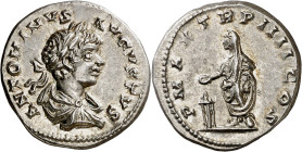 (201 d.C.). Caracalla. Denario. (Spink 6851) (S. 183a) (RIC. 344a). Bella. 3,52 g. EBC+.