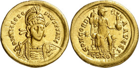 (408-420 d.C.). Teodosio II. Constantinopla. Sólido. (Spink 21127) (Ratto 145) (RIC. 202). 4,43 g. MBC+.
