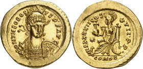 (441-450 d.C.). Teodosio II. Constantinopla. Sólido. (Spink 21140) (Ratto 154) (RIC. 312). Bella. 4,45 g. EBC.