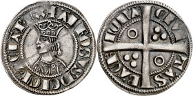 Alfons II (1285-1291). Barcelona. Croat. (Cru.V.S. 331) (Cru.C.G. 2148b). Dos y cuatro anillos en el vestido. Atractiva. 3,15 g. MBC+.