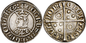 Pere III (1336-1387). Barcelona. Croat. (Cru.V.S. 407) (Cru.C.G. 2224). Flores de 6 pétalos y cruz en el vestido. A y U góticas. T gótica en anverso y...