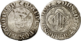 Joan I (1387-1396). Perpinyà. Doble coronat. (Cru.V.S. 475) (Cru.C.G. 2286). A latinas. Rayitas. Ex Áureo Selección 2005, nº 48. Muy rara. 2,58 g. MBC...
