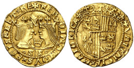 Ferran II (1479-1516). València. Ducat. (Cru.V.S. 1198) (Cru.C.G. 3115e). Hoja entre los bustos. Leves golpecitos. Atractiva. Rara. 3,49 g. EBC.