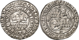Juan I (1379-1390). Sevilla. Real. (AB. 539.1 var) (Imperatrix J1:1.14, mismo ejemplar). Corona con roeles interiores. Parte de la leyenda del giro in...