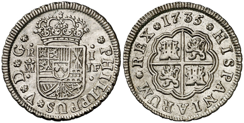 1735. Felipe V. Madrid. JF. 1 real. (AC. 450). Ligeramente limpiada. Ex Colecció...