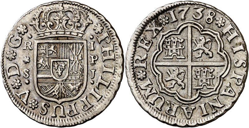 1738. Felipe V. Sevilla. PJ. 1 real. (AC. 661). El escudo está incuso en reverso...