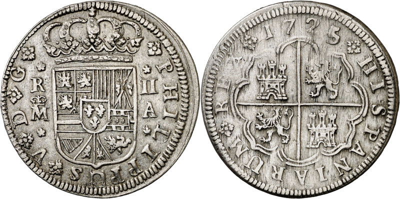 1725. Felipe V. Madrid. A. 2 reales. (AC. 780). 5,56 g. MBC+.