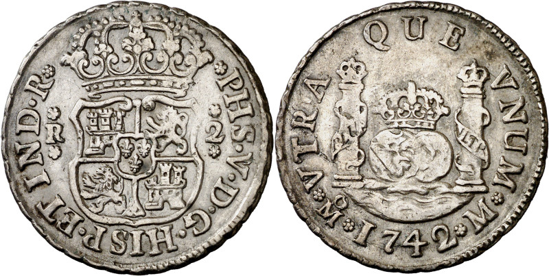 1742. Felipe V. México. M. 2 reales. (AC. 826). Columnario. Leves rayitas en rev...