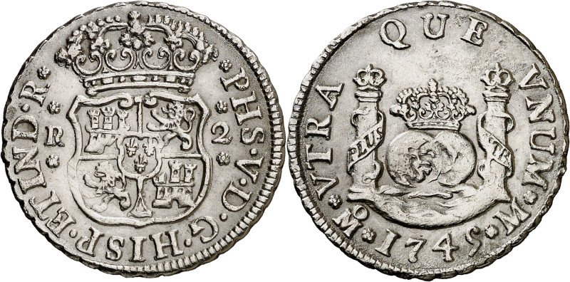 1745. Felipe V. México. M. 2 reales. (AC. 833). Columnario. Limpiada. 6,63 g. MB...