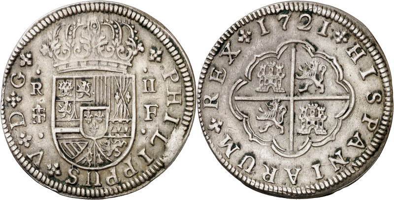 1721. Felipe V. Segovia. F. 2 reales. (AC. 954). Exceso de plata. Ex M. Sisó 12/...