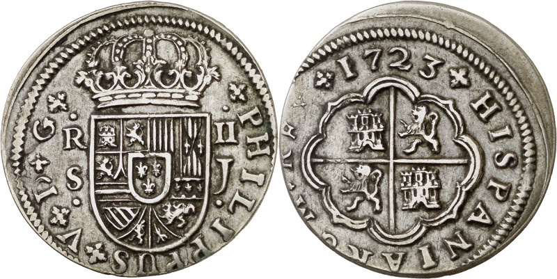 1723. Felipe V. Sevilla. J. 2 reales. (AC. 981). Ligeramente descentrada. Ex Áur...