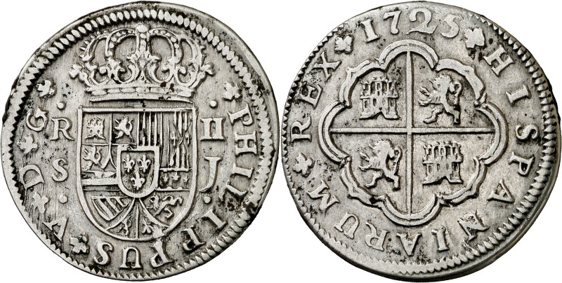 1725. Felipe V. Sevilla. J. 2 reales. (AC. 983). 5,58 g. MBC+/MBC.