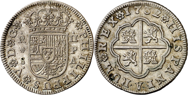 1732. Felipe V. Sevilla. PA. 2 reales. (AC. 988). Atractiva. Ex M. Sisó 15/12/19...