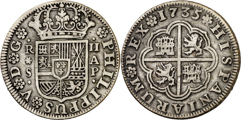 1735. Felipe V. Sevilla. AP. 2 reales. (AC. 992). Ex Áureo 31/01/1991, nº 552. M...