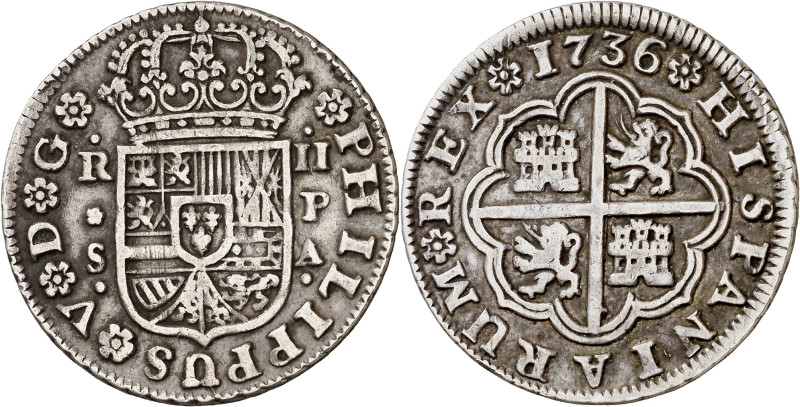 1736. Felipe V. Sevilla. PA. 2 reales. (AC. 993). Ex Áureo 20/09/1990, nº 641. 5...