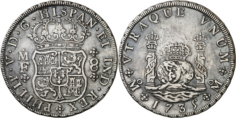 1735. Felipe V. México. MF. 8 reales. (AC. 1443). Columnario. Pátina artificial....