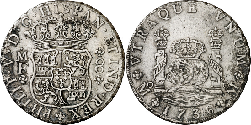 1736. Felipe V. México. MF. 8 reales. (AC. 1445). Columnario. Impurezas. 26,78 g...