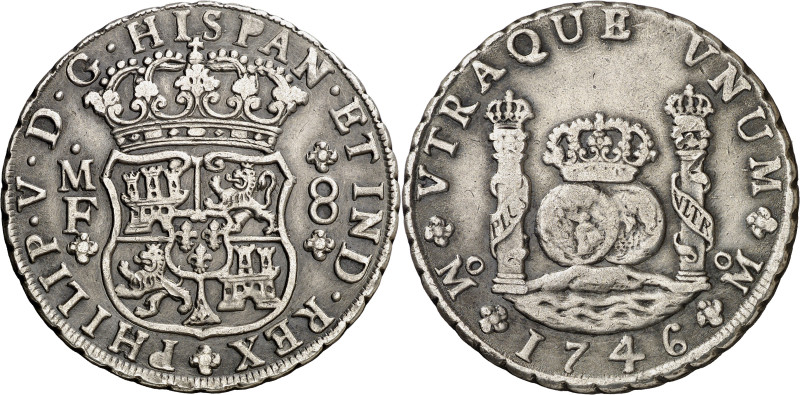 1746. Felipe V. México. MF. 8 reales. (AC. 1470). Columnario. 26,67 g. MBC+/MBC....