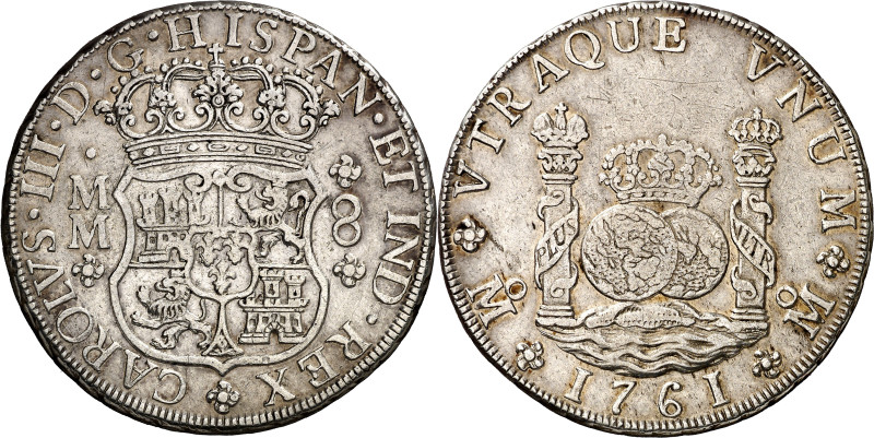 1761. Carlos III. México. MM. 8 reales. (AC. 1075). Columnario. Rayitas. 26,91 g...