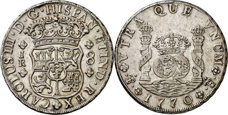 1770. Carlos III. Potosí. JR. 8 reales. (AC. 1168). Columnario. Leves marquitas....