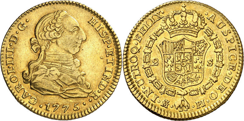 1775. Carlos III. Madrid. PJ. 2 escudos. (AC. 1549). Precioso color. Parte de br...