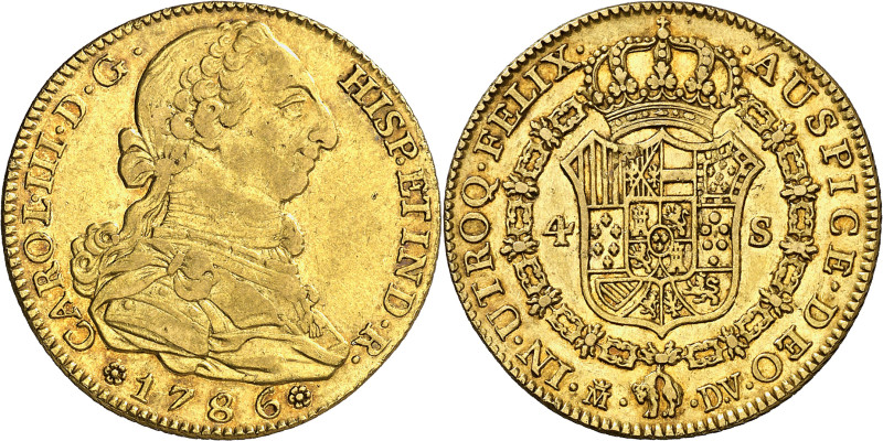 1786. Carlos III. Madrid. DV. 4 escudos. (AC. 1791). Precioso color. 13,46 g. MB...