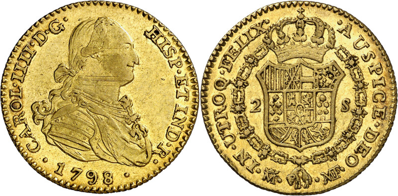 1798. Carlos IV. Madrid. MF. 2 escudos. (AC. 1290). Rayitas de acuñación. Golpec...