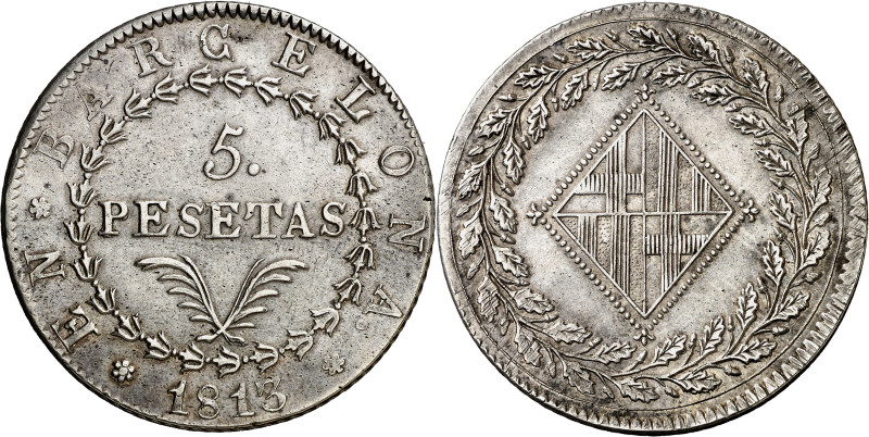 1813. Catalunya Napoleónica. Barcelona. 5 pesetas. (AC. 52). Atractiva. Rara y m...