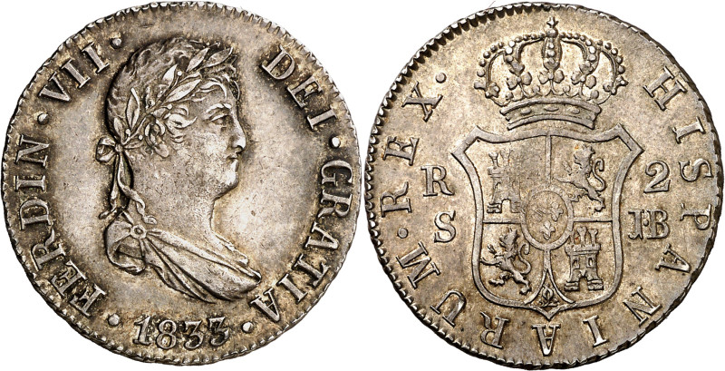 1833. Fernando VII. Sevilla. JB. 2 reales. (AC. 967). Acuñación algo floja en pa...