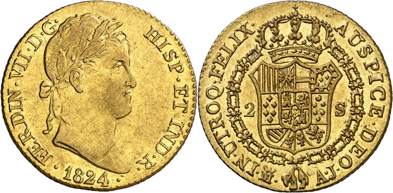 1824. Fernando VII. Madrid. AJ. 2 escudos. (AC. 1630). Leves rayitas. Bella. Bri...