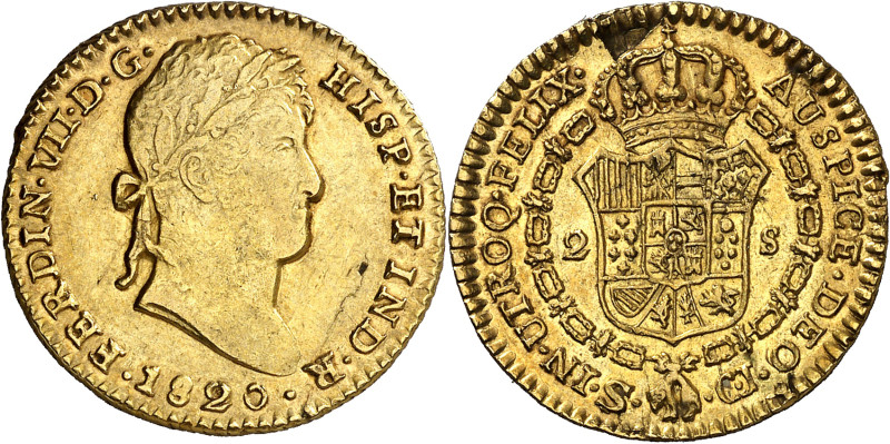 1820. Fernando VII. Sevilla. CJ. 2 escudos. (AC. 1676). Hoja en reverso. 6,74 g....