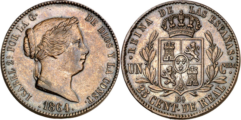 1864. Isabel II. Barcelona. 25 céntimos de real. (AC. 182). Ex Áureo 26/01/2000,...