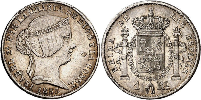 1855. Isabel II. 1 real. Prueba en plata, no adoptada. Golpecitos en anverso y e...