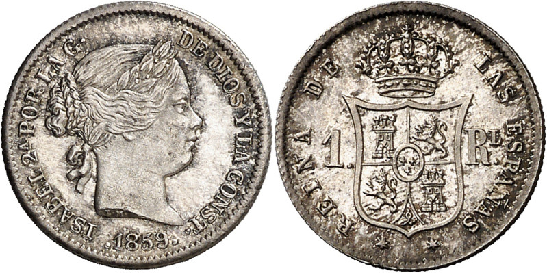 1859. Isabel II. Madrid. 1 real. (AC. 308). Bella. Brillo original. Escasa así. ...