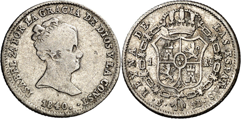 1840. Isabel II. Sevilla. RD. 1 real. (AC. 314). Rara. 1,47 g. BC+/MBC-.