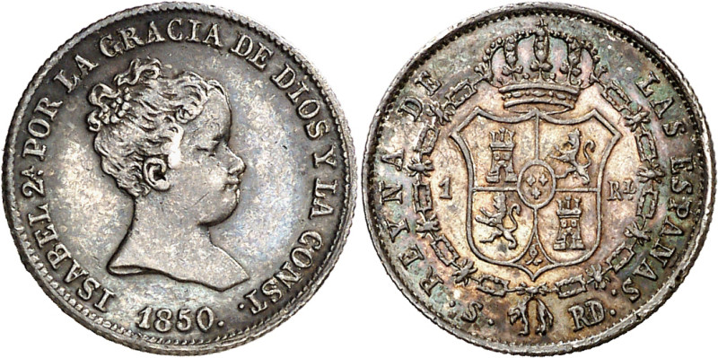 1850. Isabel II. Sevilla. RD. 1 real. (AC. 317). Primer busto. Bella pátina torn...