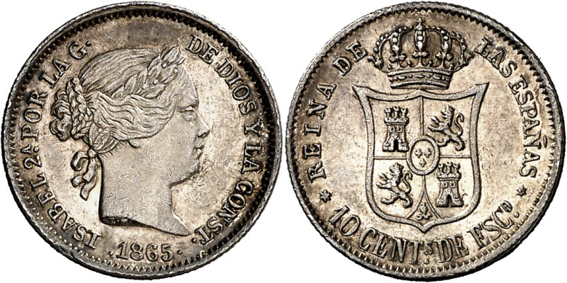 1865. Isabel II. Madrid. 10 céntimos de escudo. (AC. 338). Golpecito. Brillo ori...