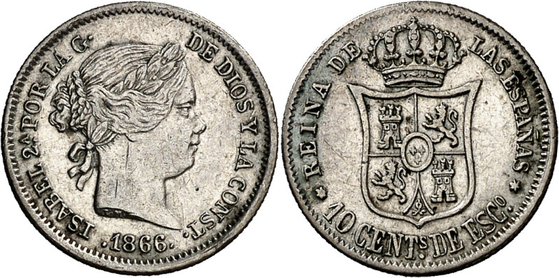 1866. Isabel II. Madrid. 10 céntimos de escudo. (AC. 339). Escasa. 1,31 g. MBC/M...