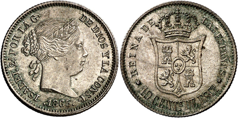 1865. Isabel II. Sevilla. 10 céntimos de escudo. (AC. 342). Sombras. Bella. Bril...