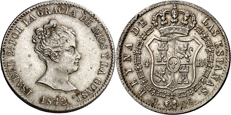 1842/1. Isabel II. Barcelona. CC. 4 reales. (AC. 423). Busto pequeño. Leves impu...