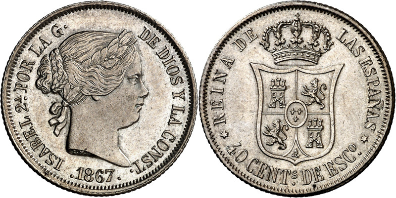 1867. Isabel II. Madrid. 40 céntimos de escudo. (AC. 502). Bella. 5,26 g. EBC+.