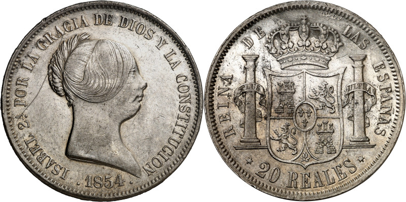 1854. Isabel II. Madrid. 20 reales. (AC. 596). Leves rayitas. 25,93 g. EBC-.