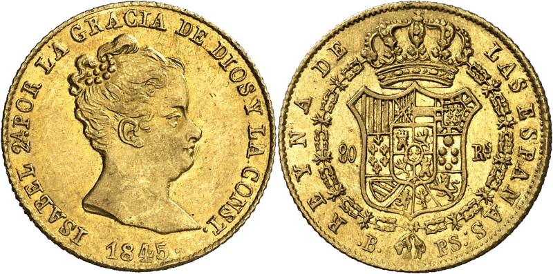 1845. Isabel II. Barcelona. PS. 80 reales. (AC. 713). Busto pequeño. Golpecito. ...